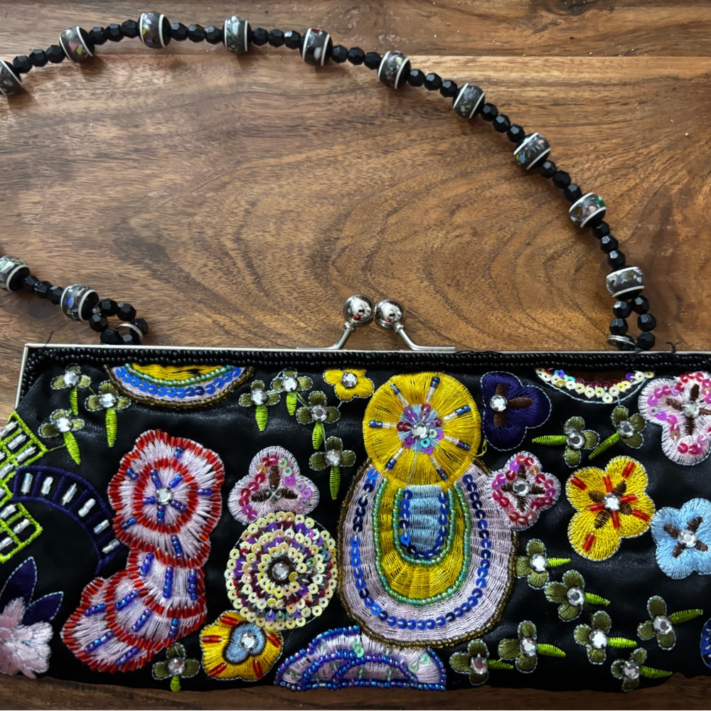 Beaded Black Floral Embroidered Shoulder Bag with Multicolor Accents